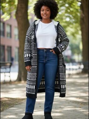 No Boundaries Black and White Patterned Hooded Long Cardigan